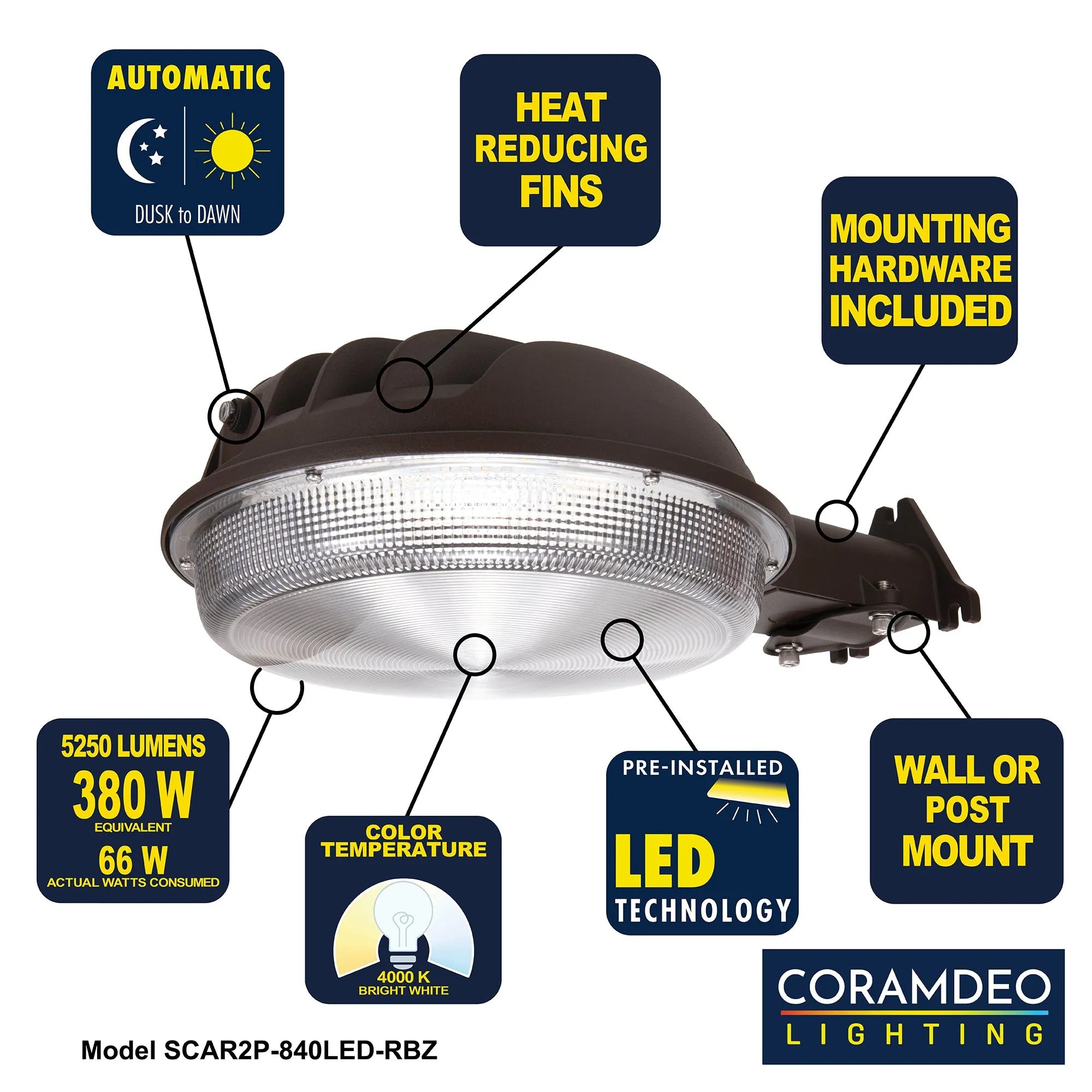 Outdoor LED Area Barn Light, Dusk to Dawn, 3250 Lumens, 4K, Rustic Bronze Cast Aluminum with Clear Lens
