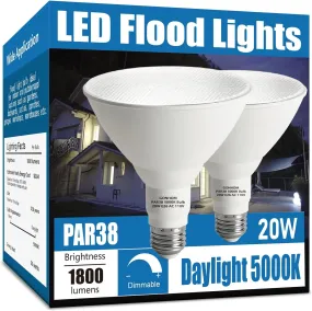 Par38 Led Flood Lights Outdoor Light Bulb 2 Pack,Dimmable 5000K Daylight 1800LM,20W Replace up to 200W,Outdoor Flood Light Bulbs for Backyard,Garage,Porch,Garden