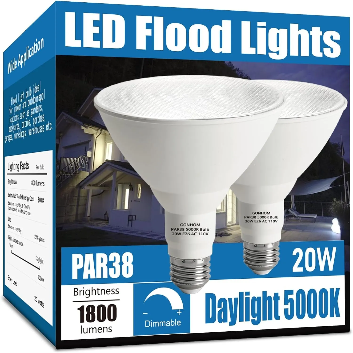 Par38 Led Flood Lights Outdoor Light Bulb 2 Pack,Dimmable 5000K Daylight 1800LM,20W Replace up to 200W,Outdoor Flood Light Bulbs for Backyard,Garage,Porch,Garden