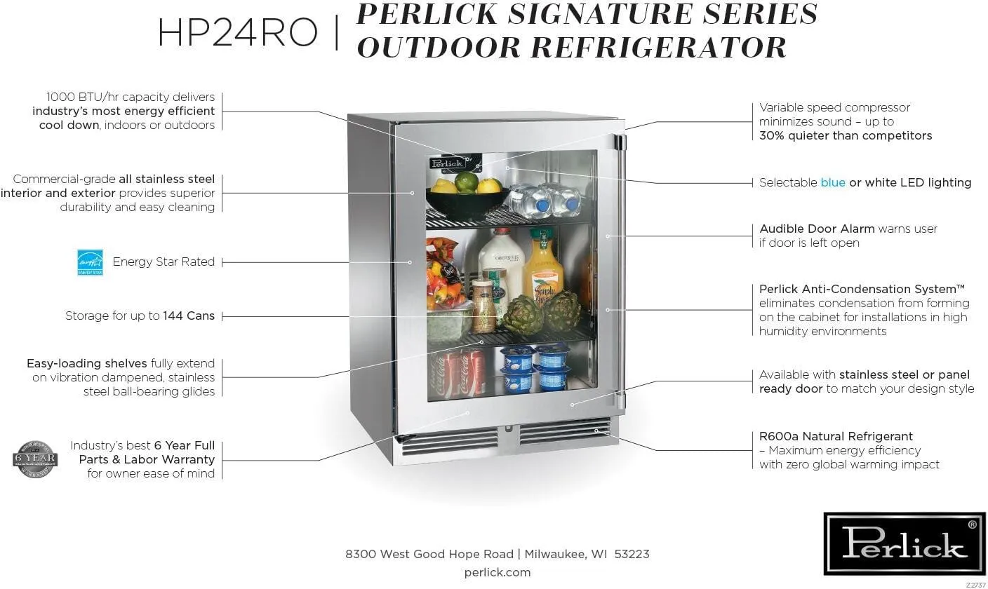 Perlick 24 inch Signature Series 5.2 cu ft Compact Refrigerator HP24RO-4-3