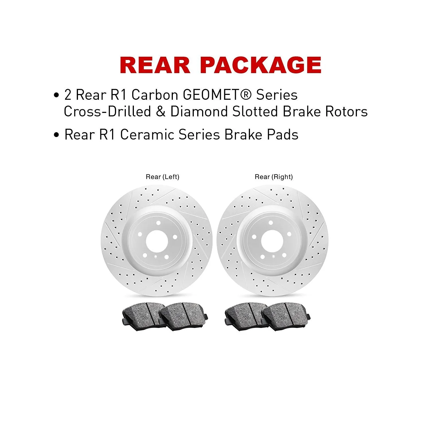R1 Concepts - Carbon GEOMET® Series - Rear Kit - Drilled & Slotted Rotors w/ Ceramic Pads - 2015-2020 F150/Raptor (Manual Parking Brake)