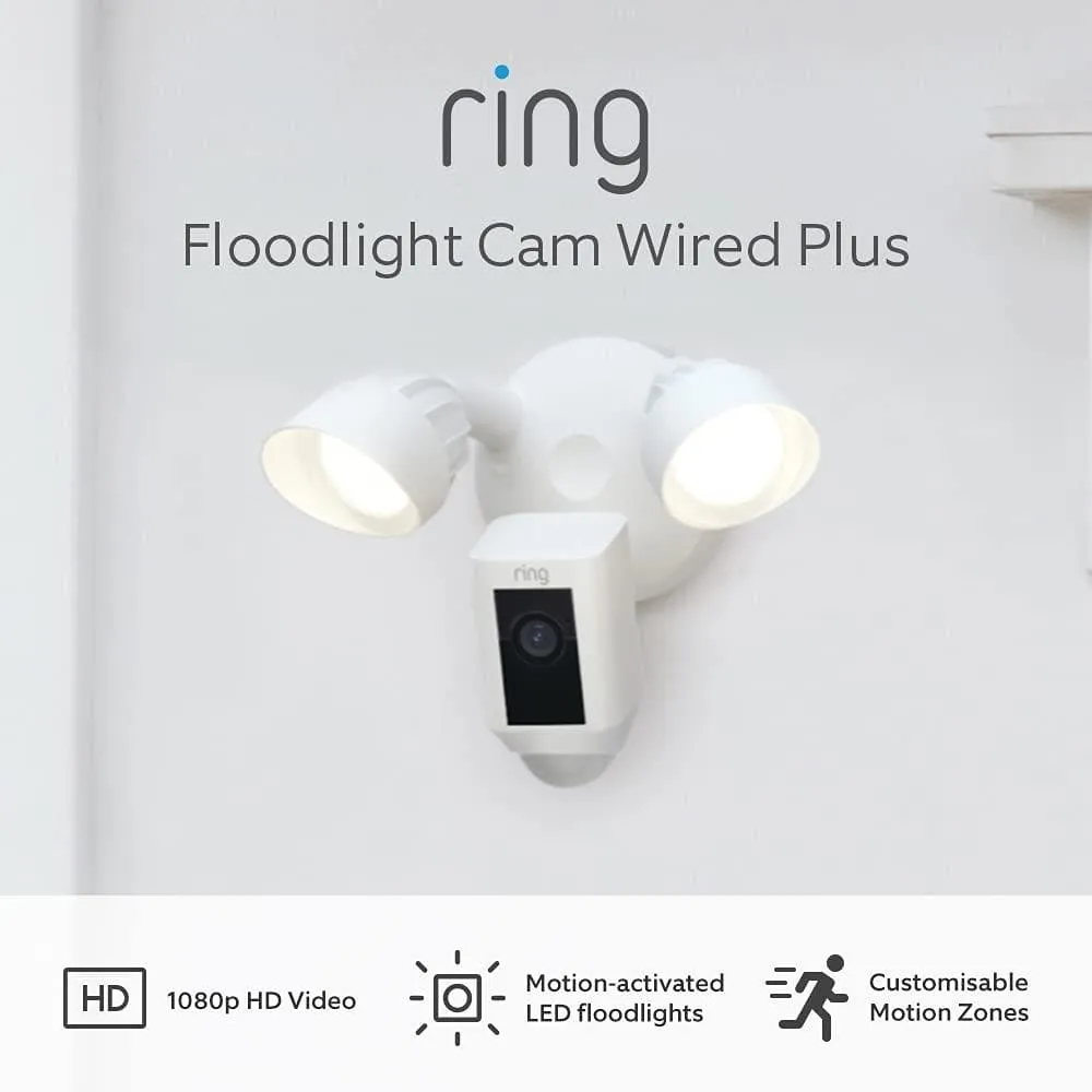 Ring Floodlight Cam Wired Plus - 1080p HD, LED Lights, Siren, Wi-Fi, Hardwired, White, 30-Day Ring Protect Trial