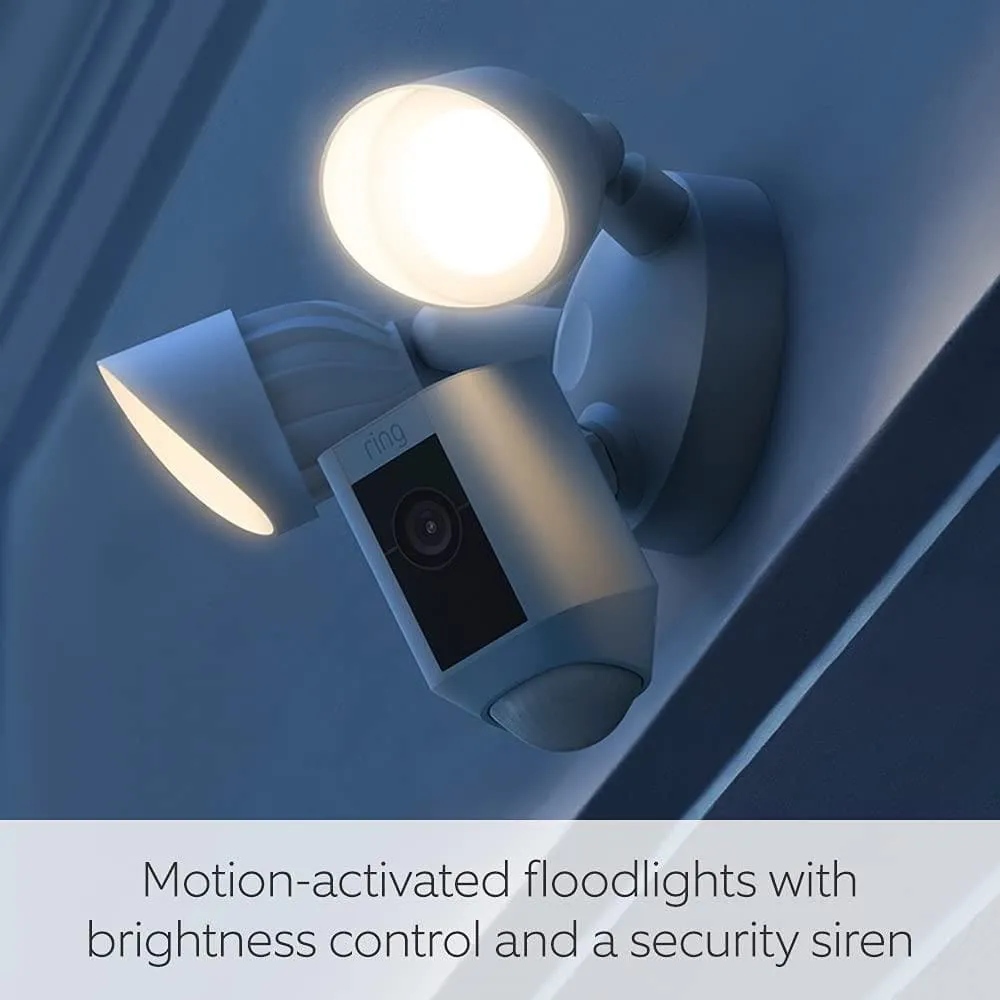 Ring Floodlight Cam Wired Plus - 1080p HD, LED Lights, Siren, Wi-Fi, Hardwired, White, 30-Day Ring Protect Trial