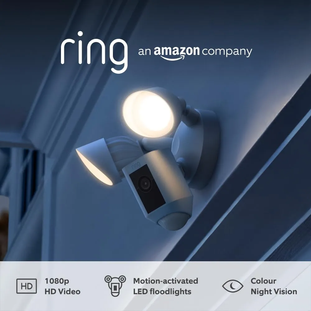 Ring Floodlight Cam Wired Plus - 1080p HD, LED Lights, Siren, Wi-Fi, Hardwired, White, 30-Day Ring Protect Trial