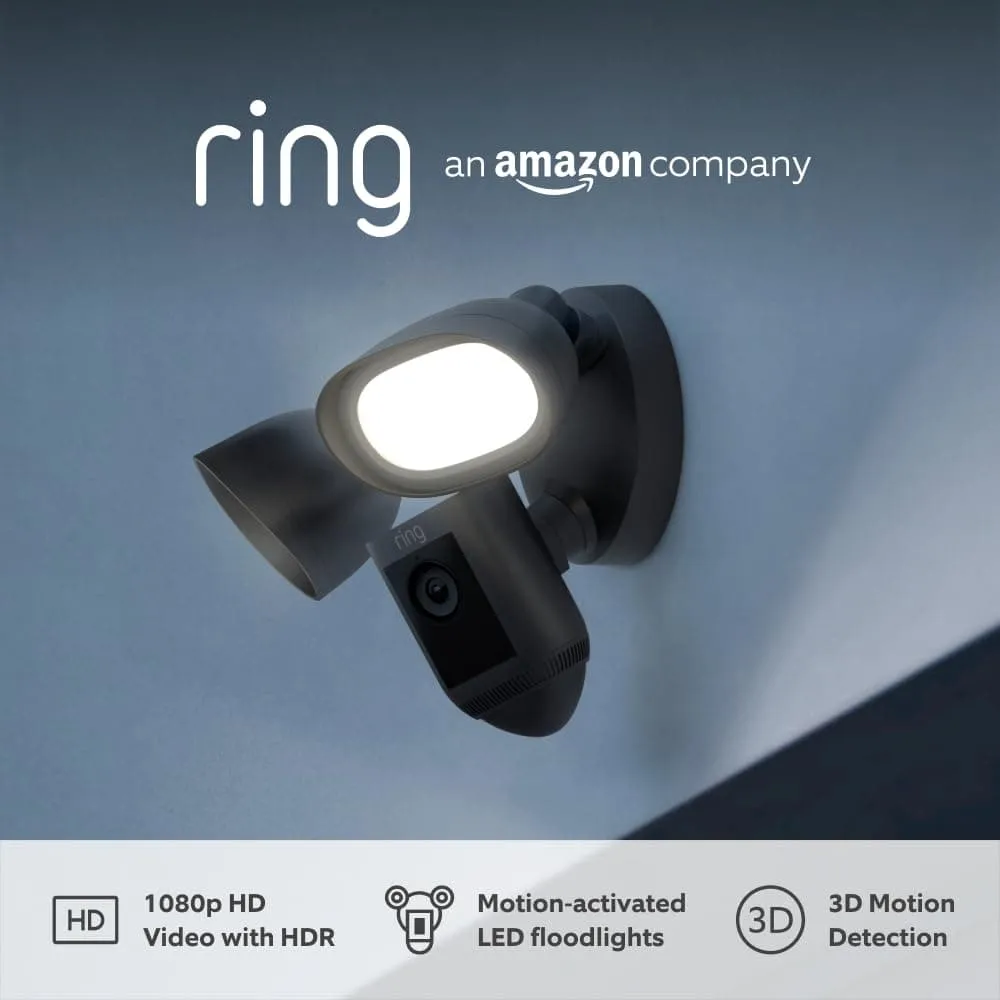 Ring Floodlight Cam Wired Pro - Outdoor Security Camera with 3D Motion Detection, Siren & HDR Video | CCTV Alternative | 30-Day Ring Protect Trial | Black