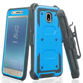 Samsung Galaxy J3 2018/Express Prime 3/Amp Prime 3/J3 Achieve/J3 Star/J3 Top/J3 Achieve/J3 Orbit/J3 V 3rd Gen/J3 Aura/Sol 3 Case, Triple Protection 3-1 w/ Built in Screen Protector Heavy Duty Holster Shell Combo Cover - Blue