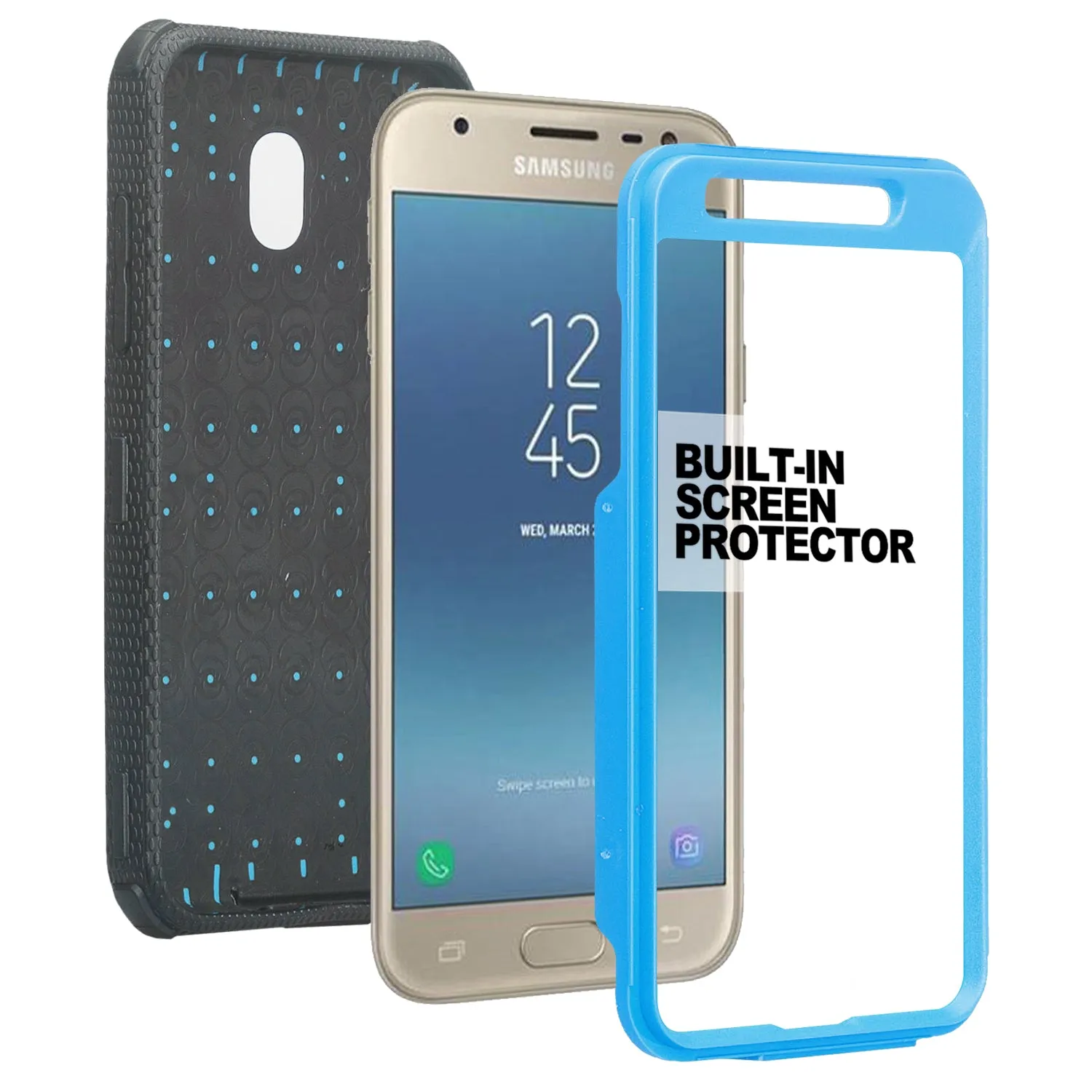 Samsung Galaxy J3 2018/Express Prime 3/Amp Prime 3/J3 Achieve/J3 Star/J3 Top/J3 Achieve/J3 Orbit/J3 V 3rd Gen/J3 Aura/Sol 3 Case, Triple Protection 3-1 w/ Built in Screen Protector Heavy Duty Holster Shell Combo Cover - Blue