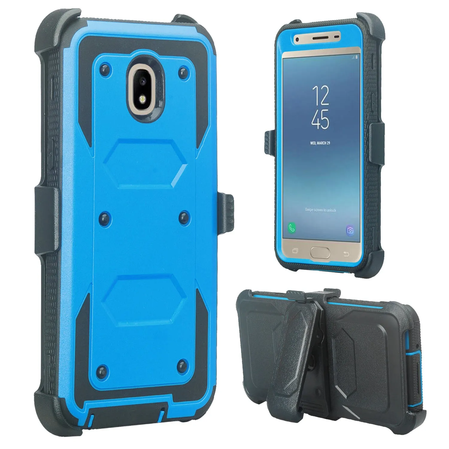 Samsung Galaxy J3 2018/Express Prime 3/Amp Prime 3/J3 Achieve/J3 Star/J3 Top/J3 Achieve/J3 Orbit/J3 V 3rd Gen/J3 Aura/Sol 3 Case, Triple Protection 3-1 w/ Built in Screen Protector Heavy Duty Holster Shell Combo Cover - Blue
