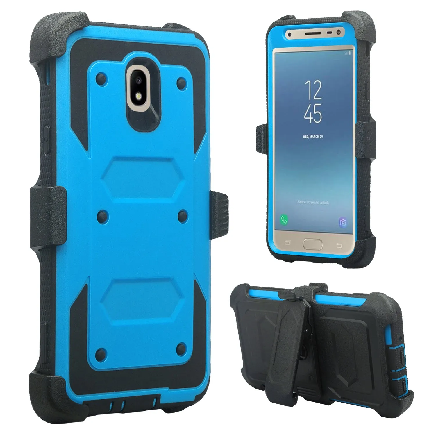 Samsung Galaxy J7 V 2nd Gen/J7 Crown/J7 Top/J7 2018/J7 Star/J7 Achieve/J7 Refine/J7 Aero/J7 Aura Case, Triple Protection 3-1 w/ Built in Screen Protector Heavy Duty Holster Shell Combo Case - Blue