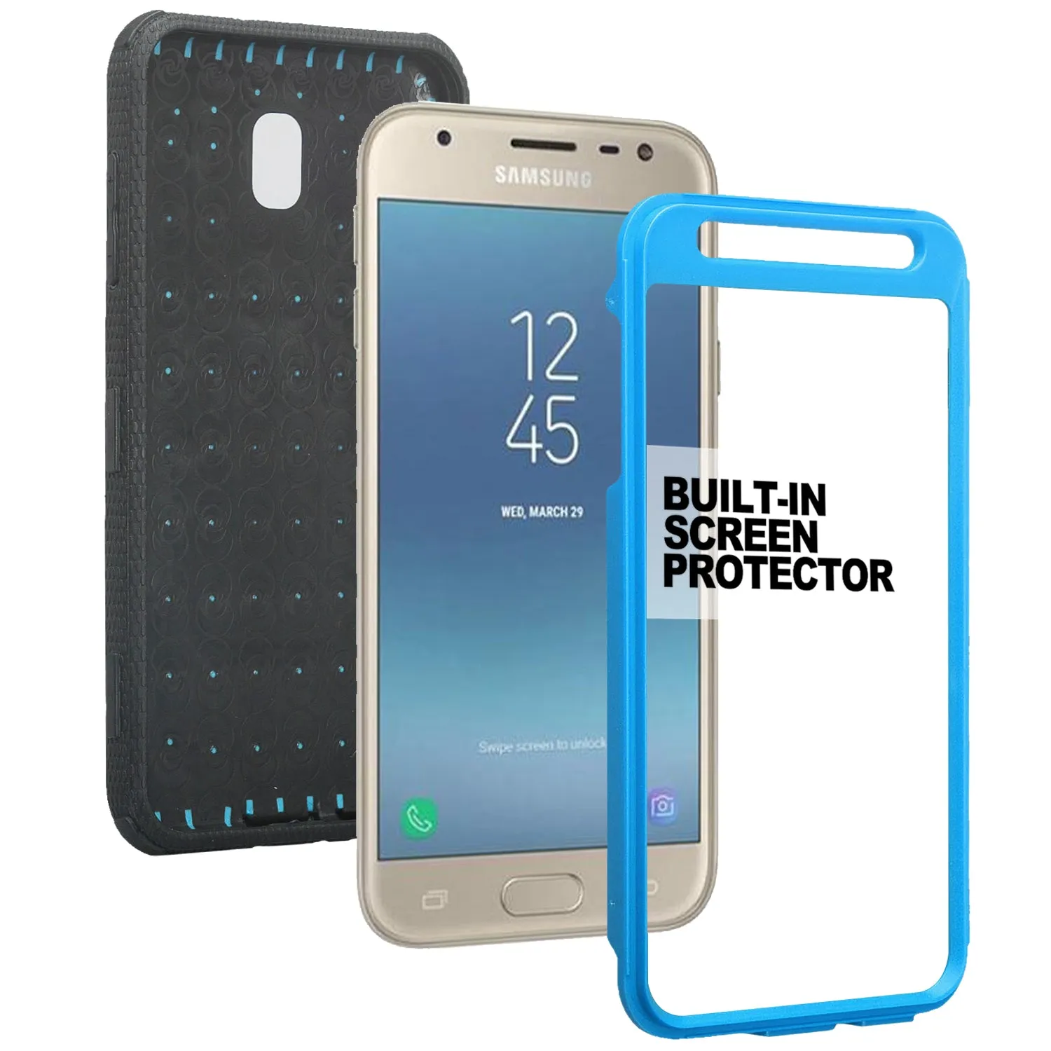 Samsung Galaxy J7 V 2nd Gen/J7 Crown/J7 Top/J7 2018/J7 Star/J7 Achieve/J7 Refine/J7 Aero/J7 Aura Case, Triple Protection 3-1 w/ Built in Screen Protector Heavy Duty Holster Shell Combo Case - Blue