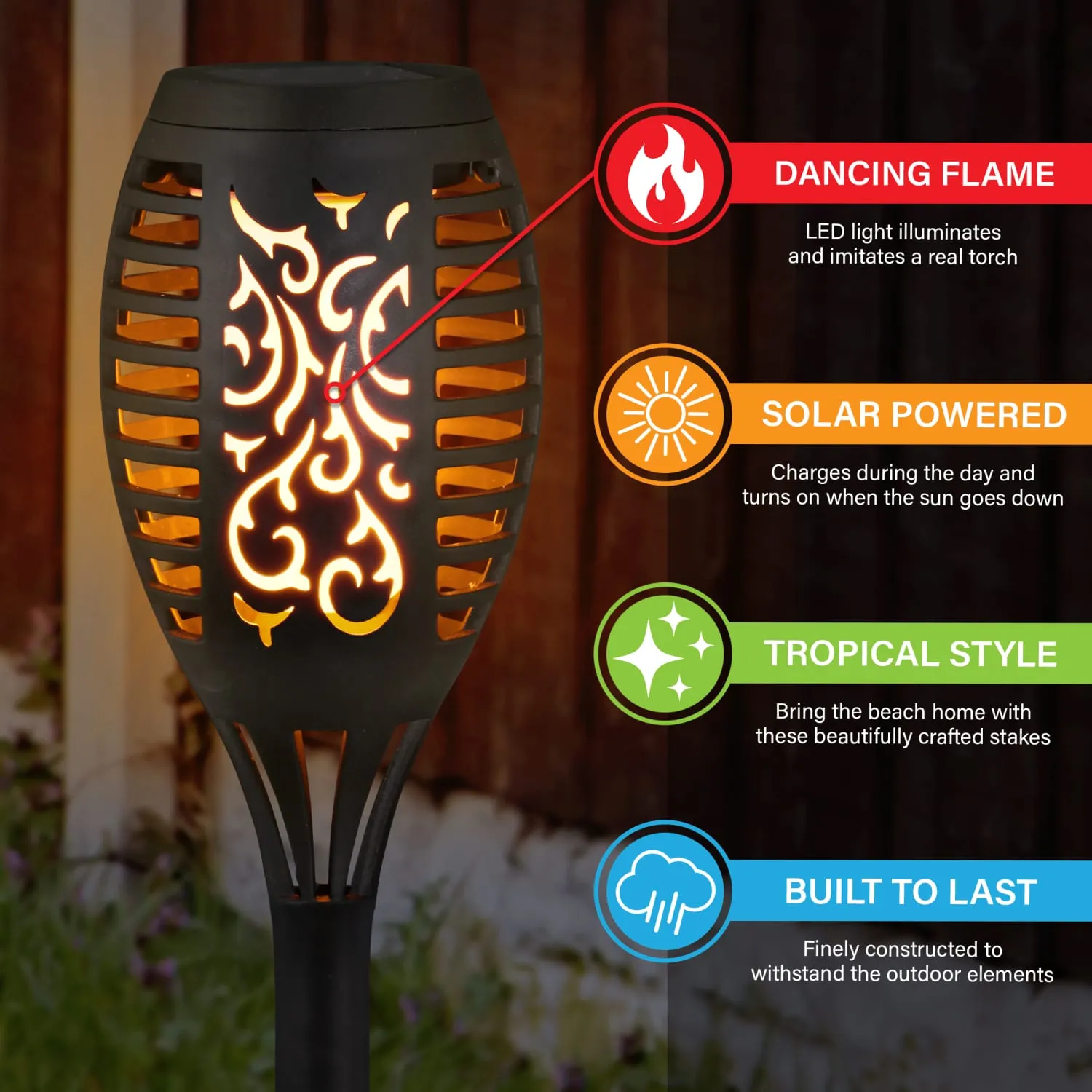 Set of 4 Solar Dancing Flame Torch Garden Stakes- Small, 3 inches by 20 Inches