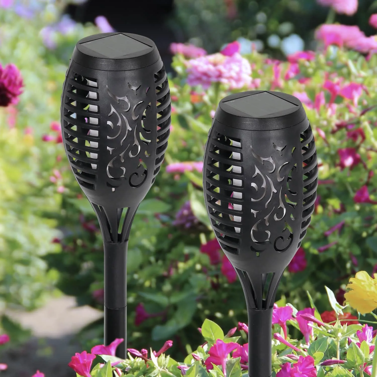 Set of 4 Solar Dancing Flame Torch Garden Stakes- Small, 3 inches by 20 Inches