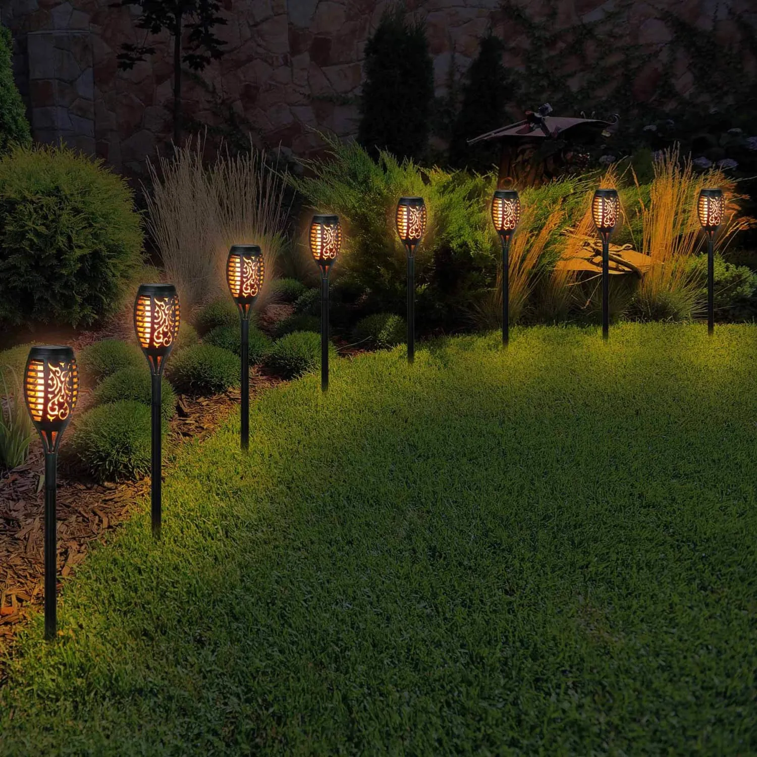 Set of 4 Solar Dancing Flame Torch Garden Stakes- Small, 3 inches by 20 Inches