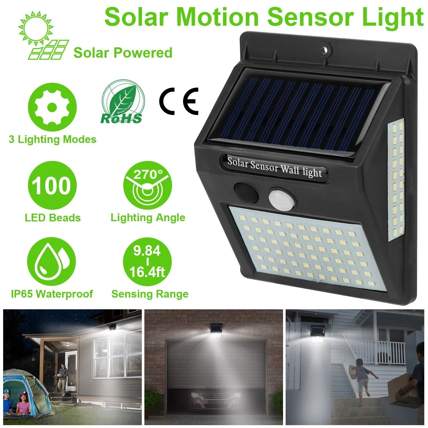 Solar 100 LEDs PIR Motion Sensor Wall Light