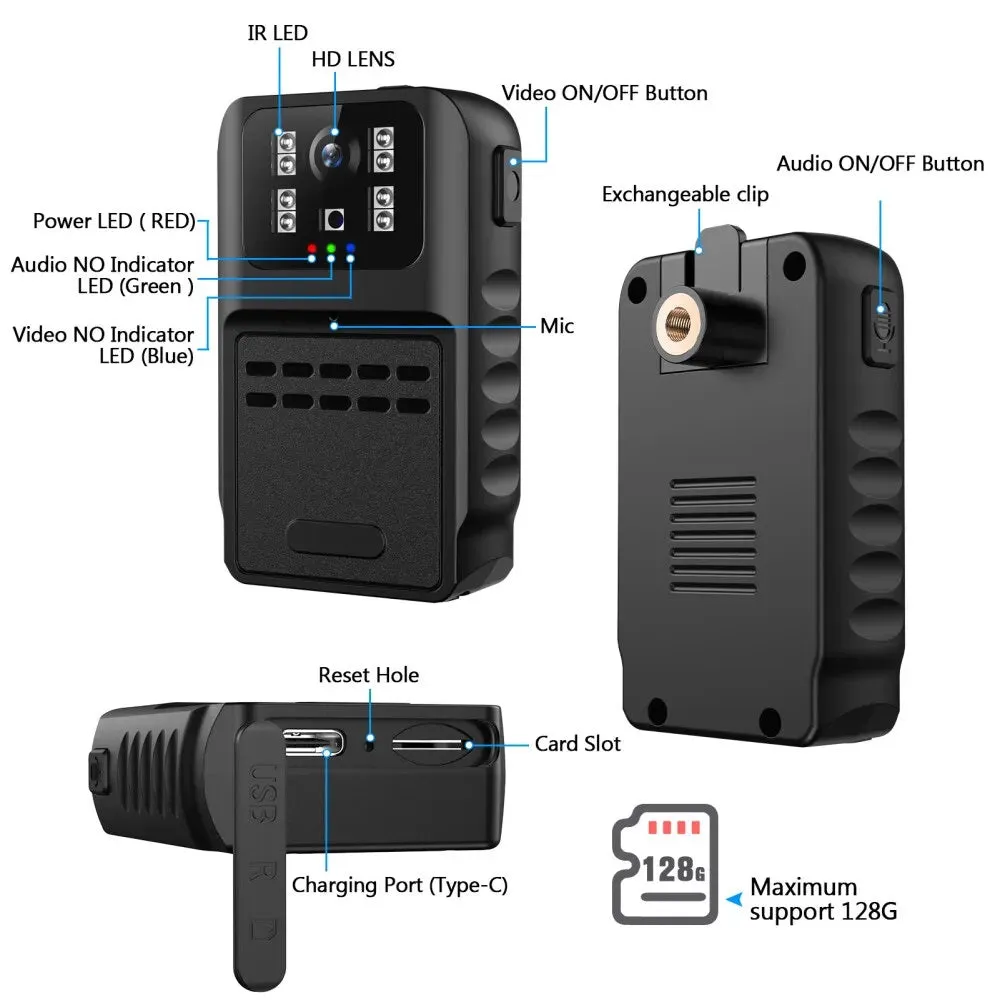 SpyWfi Rechargeable Night Vision Police Body Camera 1080p HD WiFi