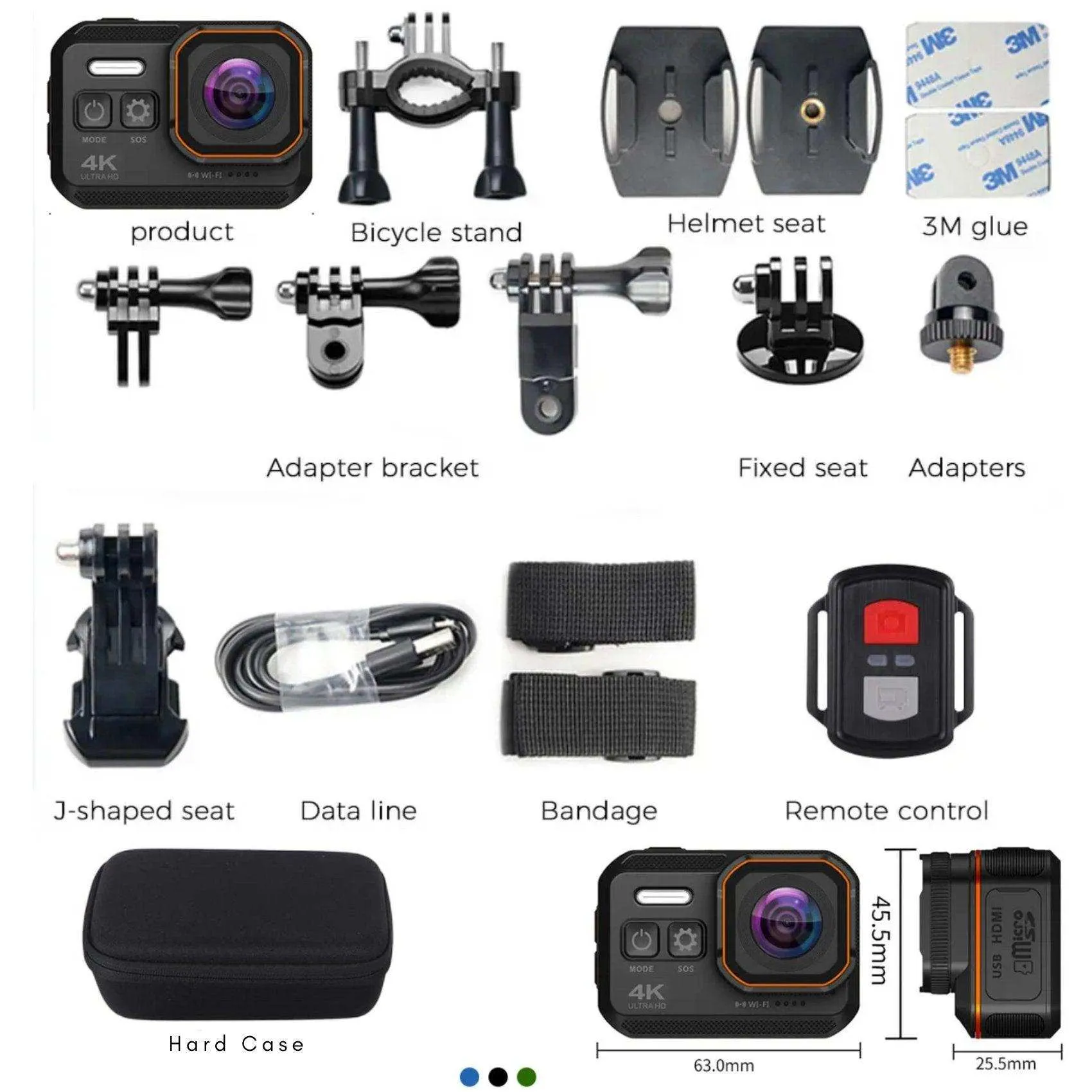 TUTT 4K 60fps 20MP Waterproof Action Camera Dash Cam 2” IPS Display IP68 Waterproof Underwater Wi-fi Motion Camera Hamlet Vlogging Hard Case 128GB SanDisk 3 in 1 SD/TF/Charging Kit