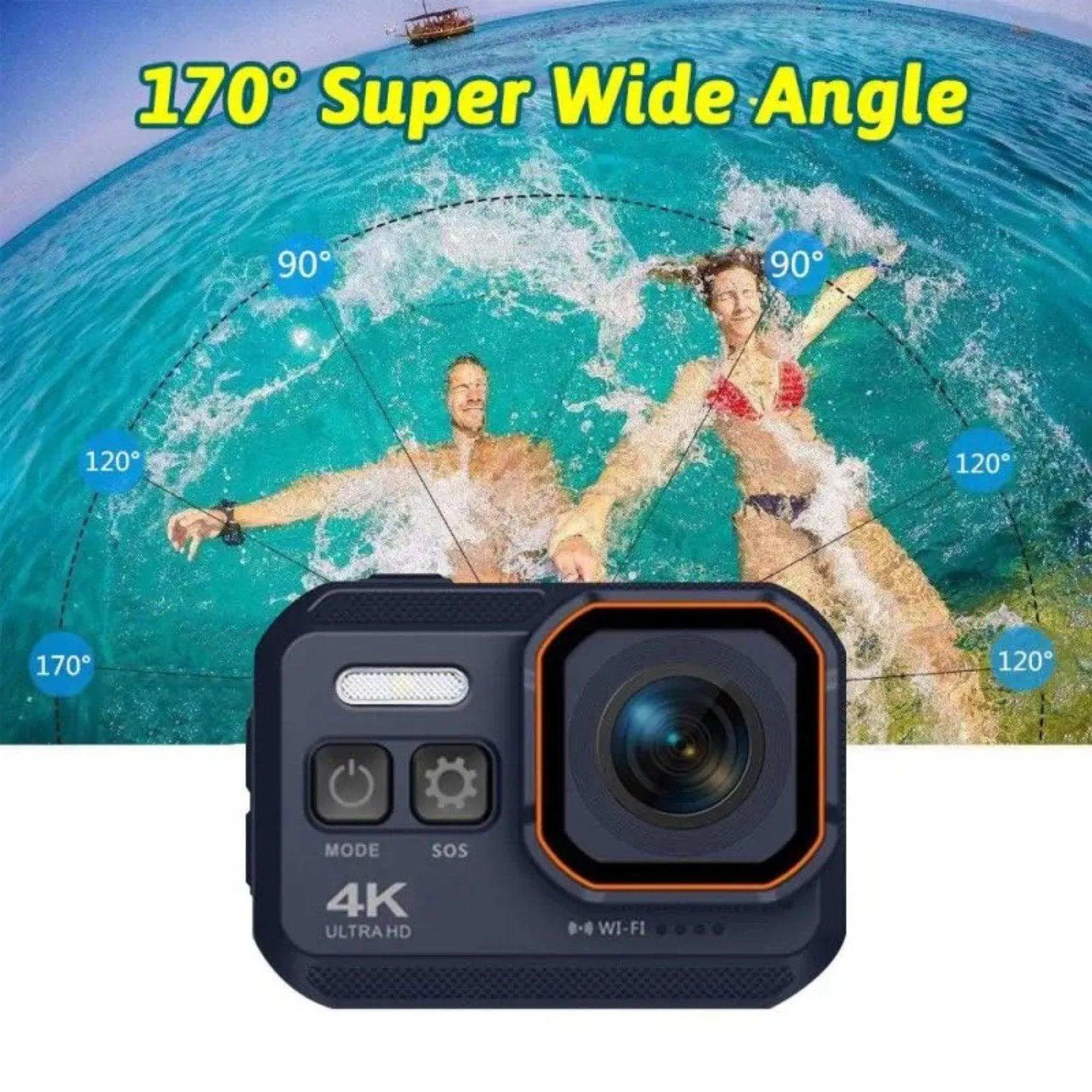 TUTT 4K 60fps 20MP Waterproof Action Camera Dash Cam 2” IPS Display IP68 Waterproof Underwater Wi-fi Motion Camera Hamlet Vlogging Hard Case 128GB SanDisk 3 in 1 SD/TF/Charging Kit
