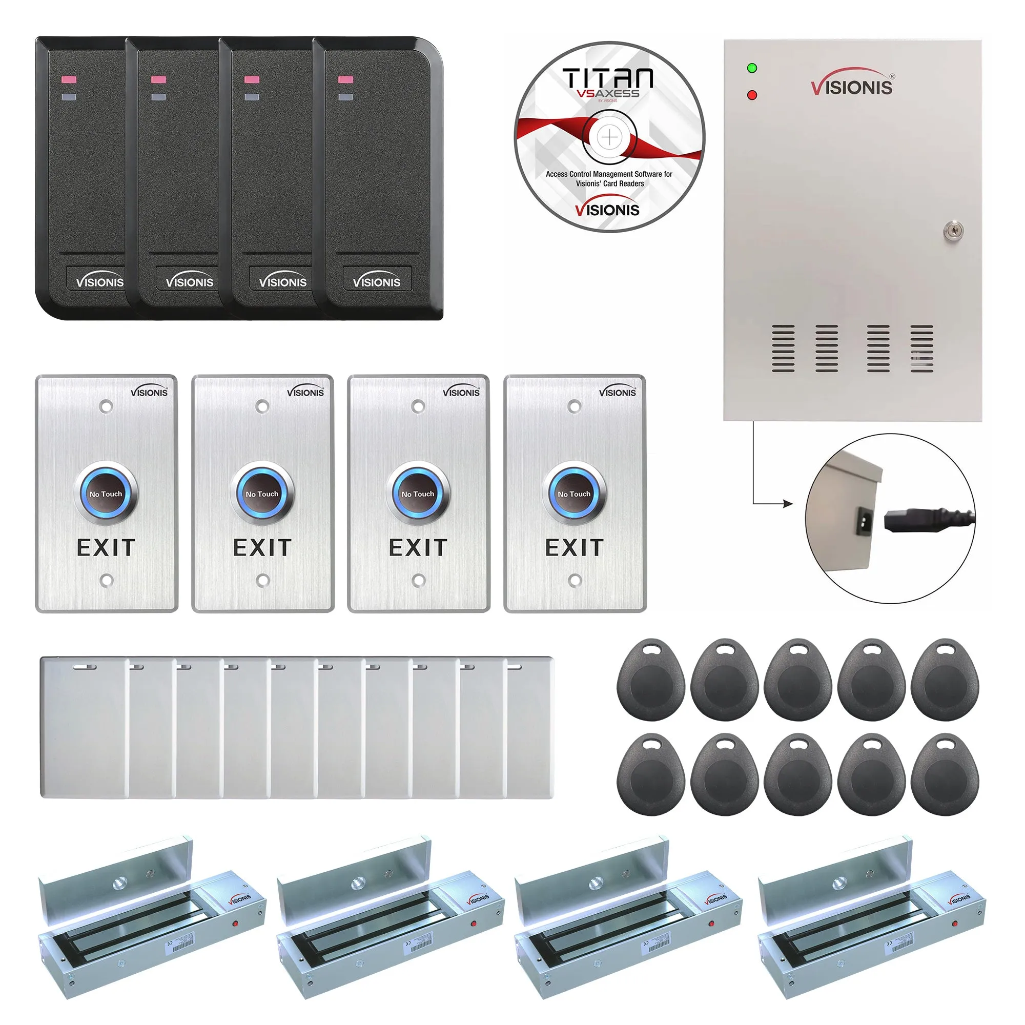 Visionis FPC-6207 Four Doors Access Control TCP/IP Wiegand For Out Swing Door Electric 1200lbs Mag Lock Controller Box   Indoor/Outdoor Card Reader   Software Included   20,000 Users Kit