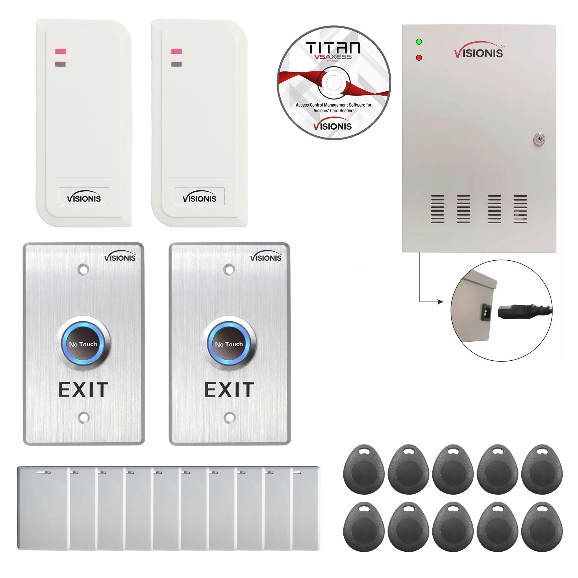 Visionis FPC-6476 Two Doors Access Control Time Attendance TCP / IP Wiegand Controller Box With Power Supply Included   White Indoor/Outdoor Card Reader   Software Included 20,000 Users Kit