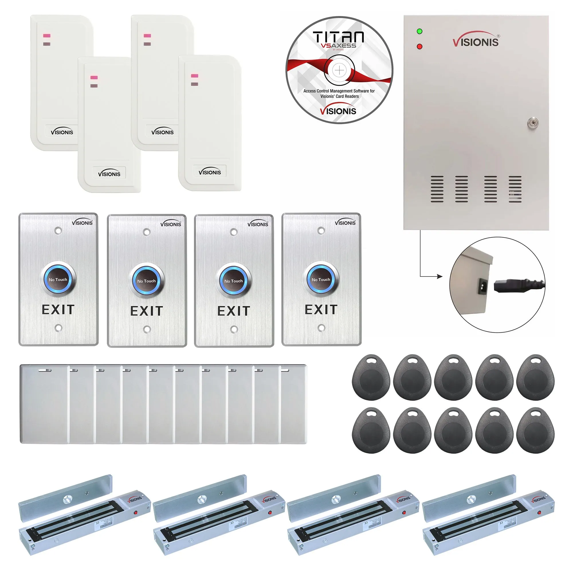 Visionis FPC-6551 Four Doors Access Control TCP / IP Wiegand For Out Swing Door Electric 600lbs Mag Lock Controller Box   Indoor/Outdoor Card Reader   Software Included   20,000 Users Kit