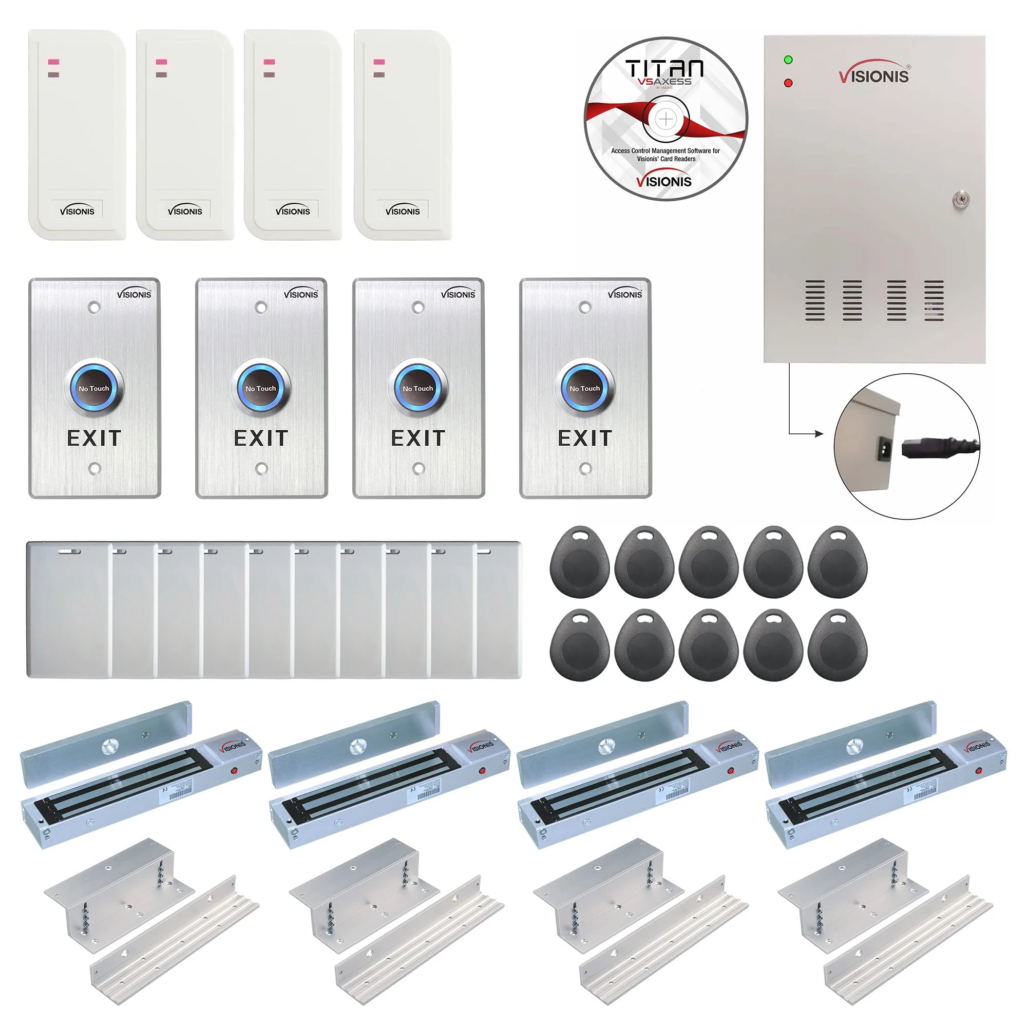 Visionis FPC-6552 Four Doors Access Control TCP / IP Wiegand For In Swing Door Electric 600lbs Mag Lock Controller Box   Indoor / Outdoor Card Reader   Software Included   20,000 Users