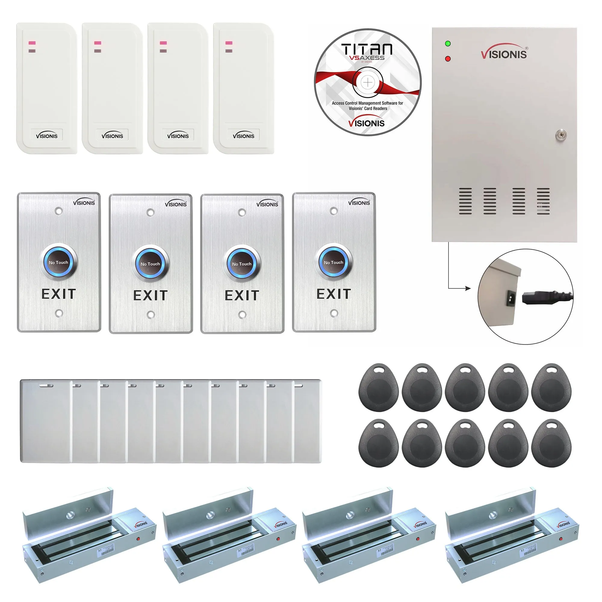 Visionis FPC-6553 Four Doors Access Control TCP / IP Wiegand For Out Swing Door Electric 1200lbs Mag Lock Controller Box   Indoor / Outdoor Card Reader   Software Included   20,000 Users