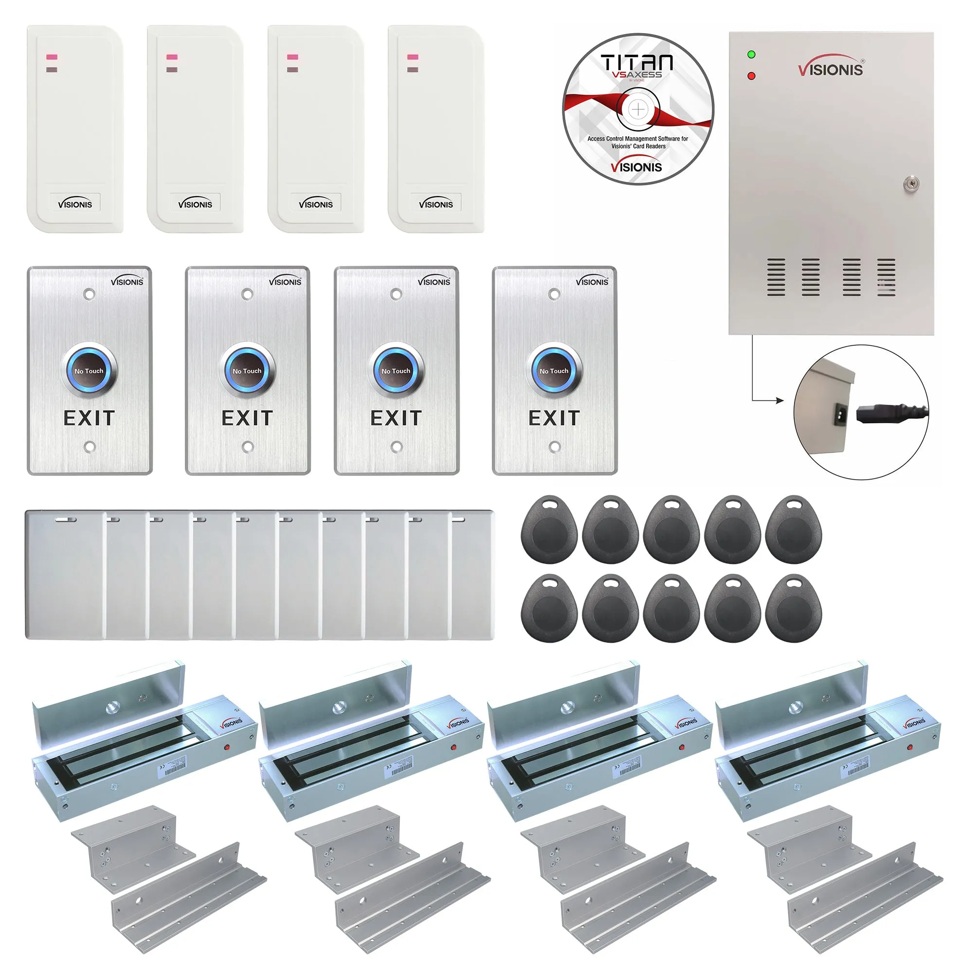 Visionis FPC-6554 Four Doors Access Control TCP/IP Wiegand For In Swing Door Electric 1200lbs Mag Lock Controller Box   Indoor/Outdoor Card Reader   Software Included   20,000 Users Kit