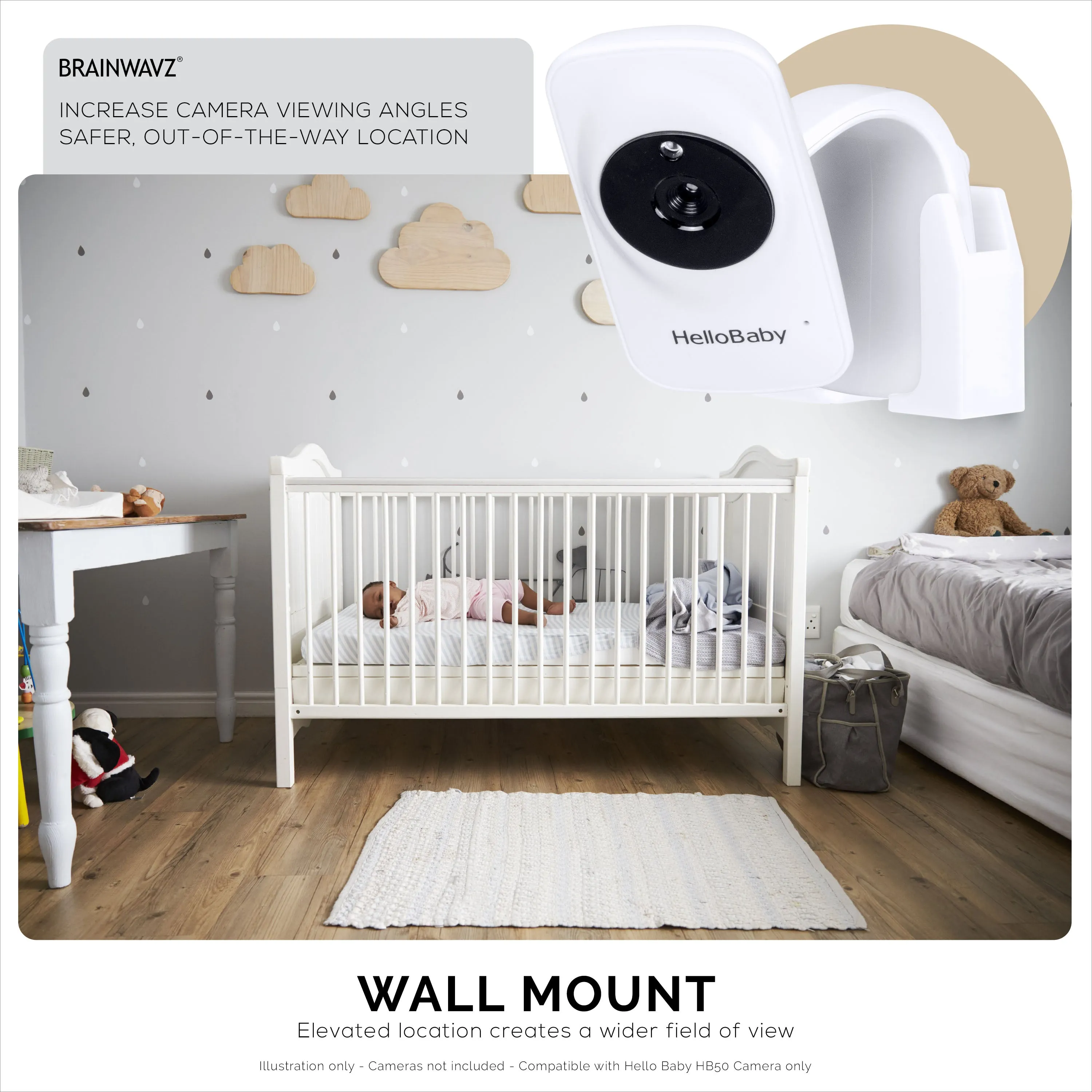 Wall Mount For HB50, (2 Pack), Adhesive Holder for Hello Baby Monitor Camera Installs in Minutes, No Mess Hanger Bracket