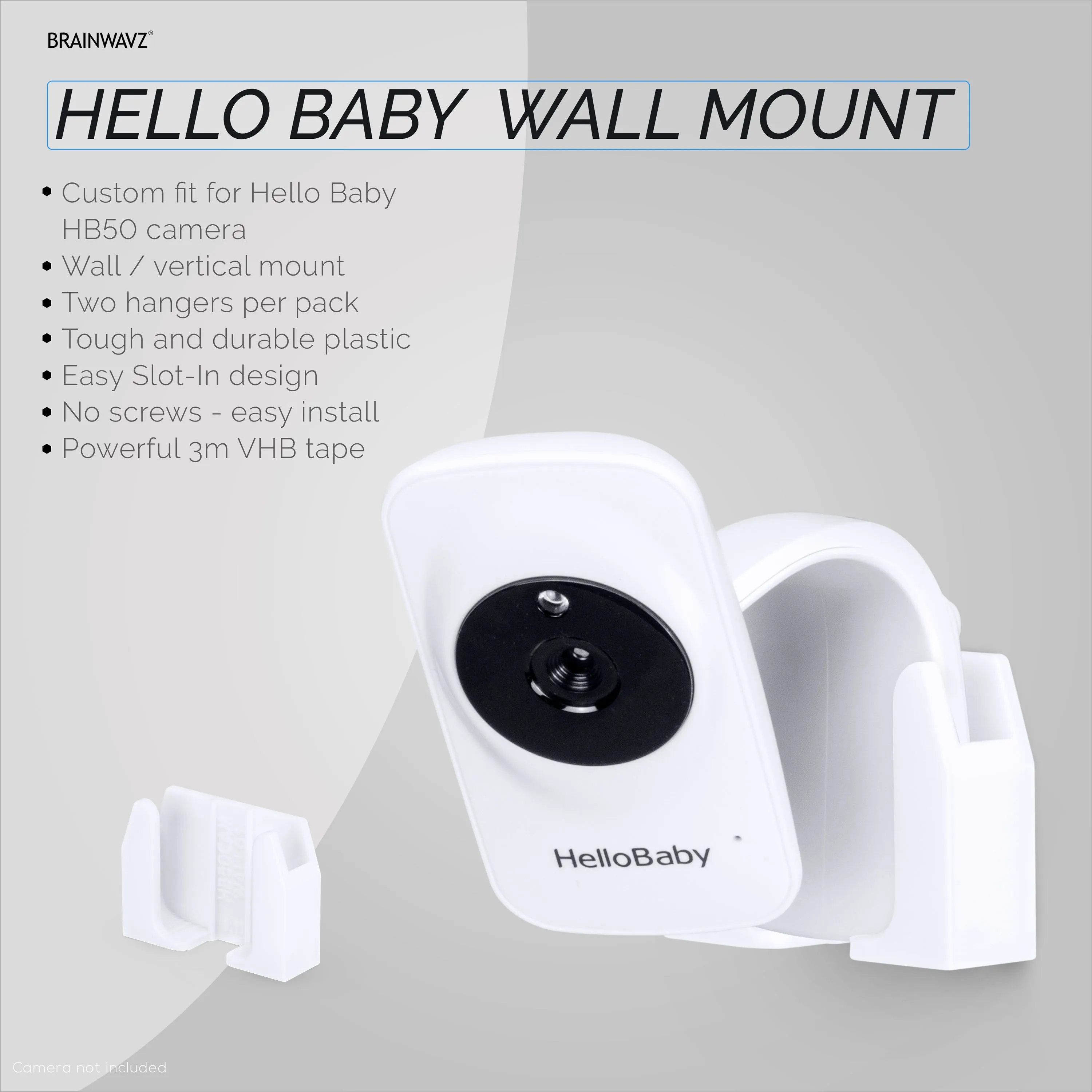 Wall Mount For HB50, (2 Pack), Adhesive Holder for Hello Baby Monitor Camera Installs in Minutes, No Mess Hanger Bracket