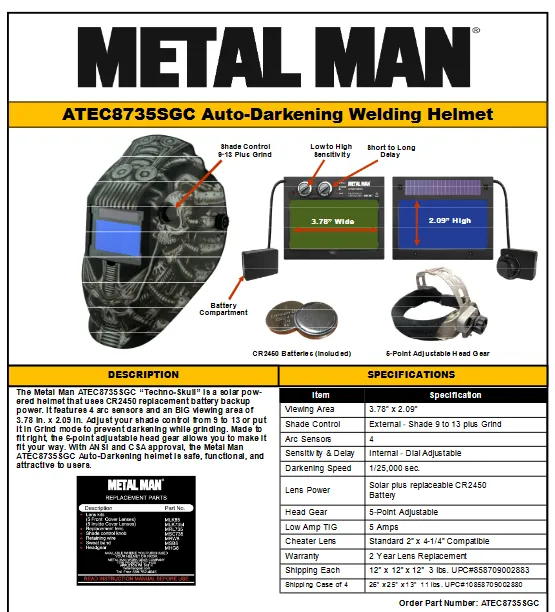 WELDING HELMET - GRAY - METAL MAN PROFESSIONAL AUTO DARKENING TECHNO SKULL